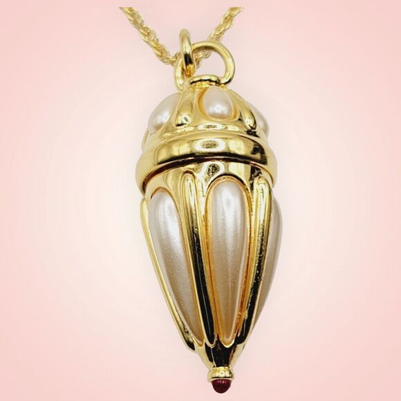 Chatelaine Poison Locket Casket Bottle Necklace by Joan Rivers Gold Plated Pearl - Picture 6 of 10